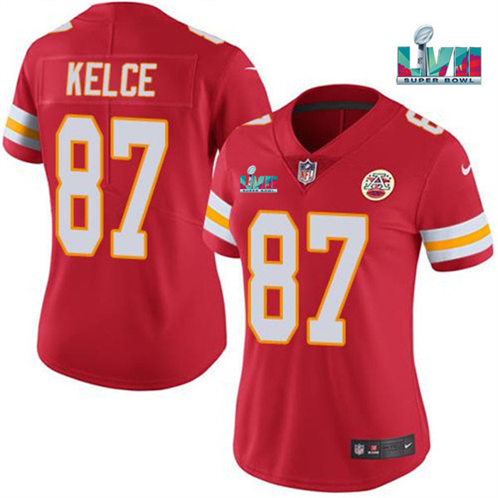 Personalized Women’s Kansas City Chiefs #87 Travis Kelce Red Super Bowl LVII Patch Stitched Jersey(Run Small)