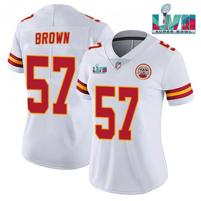 Personalized Women’s Kansas City Chiefs #57 Orlando Brown White Super Bowl LVII Patch Stitched Jersey(Run Small)