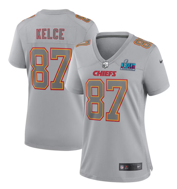 Personalized Women’s Kansas City Chiefs #87 Travis Kelce Grey Super Bowl LVII Patch Atmosphere Fashion Stitched Game Jersey(Run Small)