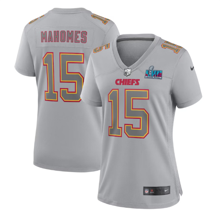 Personalized Women’s Kansas City Chiefs #15 Patrick Mahomes Grey Super Bowl LVII Patch Atmosphere Fashion Stitched Game Jersey(Run Small)
