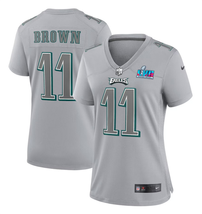 Personalized Women’s Philadelphia Eagles #11 A.J. Brown Grey Super Bowl LVII Patch Atmosphere Fashion Stitched Game Jersey(Run Small)