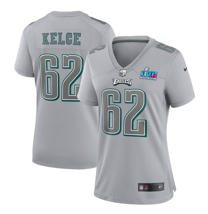 Personalized Women’s Philadelphia Eagles #62 Jason Kelce Grey Super Bowl LVII Patch Atmosphere Fashion Stitched Game Jersey(Run Small)