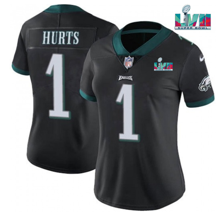 Personalized Women’s Philadelphia Eagles #1 Jalen Hurts Black Super Bolw LVII Patch Untouchable Limited Stitched Football Jersey(Run Small)