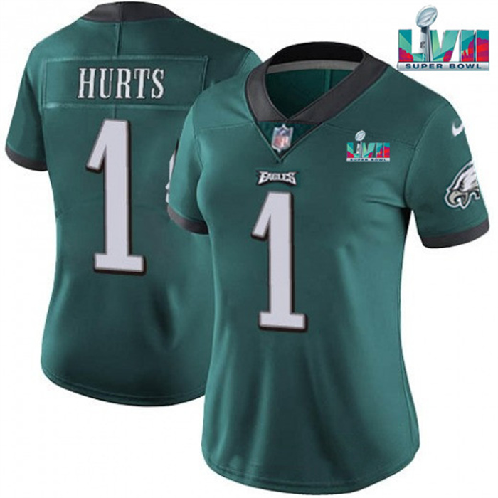 Personalized Women’s Philadelphia Eagles #1 Jalen Hurts Green Super Bolw LVII Patch Untouchable Limited Stitched Football Jersey(Run Small)