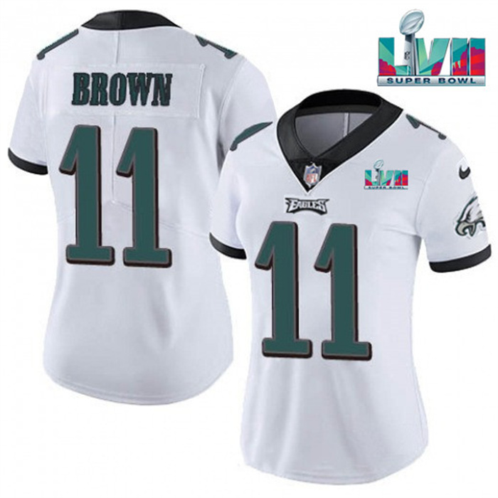 Personalized Women’s Philadelphia Eagles #11 A.J. Brown White Super Bolw LVII Patch Untouchable Limited Stitched Football Jersey(Run Small)