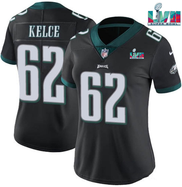 Personalized Women’s Philadelphia Eagles #62 Jason Kelce Black Super Bowl LVII Patch Untouchable Limited Stitched Football Jersey(Run Small)