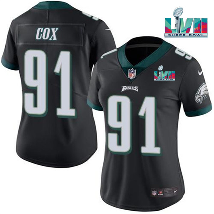 Personalized Women’s Philadelphia Eagles #91 Fletcher Cox Black Super Bolw LVII Patch Untouchable Limited Stitched Football Jersey(Run Small)