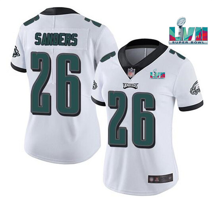 Personalized Women’s Philadelphia Eagles #26 Miles Sanders White Super Bolw LVII Patch Untouchable Limited Stitched Football Jersey(Run Small)