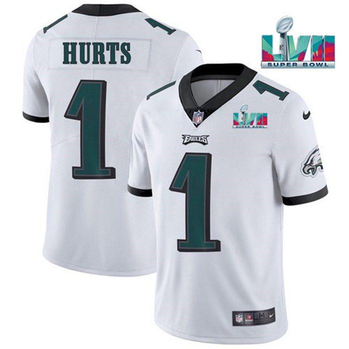 Personalized Youth Philadelphia Eagles #1 Jalen Hurts White Super Bowl LVII Patch Untouchable Limited Stitched Football Jersey