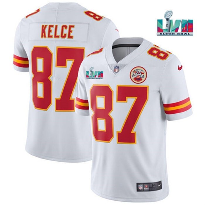 Personalized Youth Kansas City Chiefs #87 Travis Kelce White Super Bowl LVII Patch Untouchable Limited Stitched Jersey