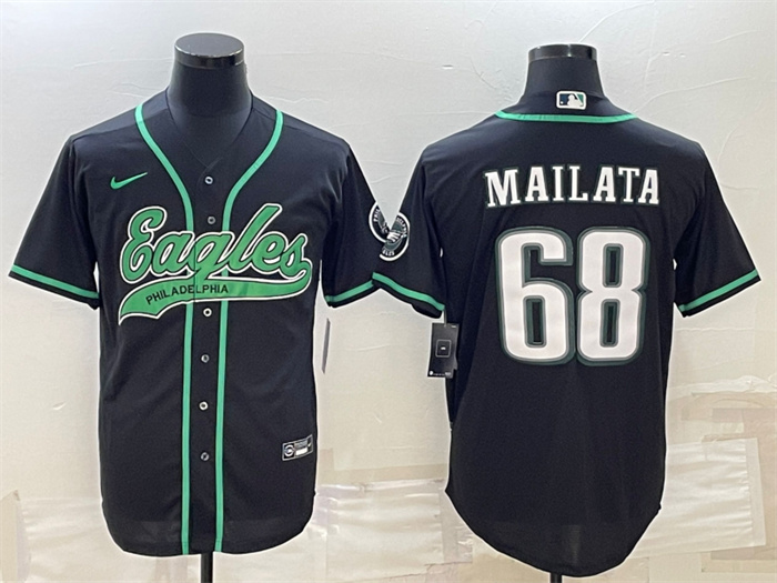 Personalized Men’s Philadelphia Eagles #68 Jordan Mailata Black With Patch Cool Base Stitched Baseball Jersey