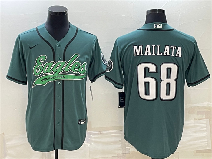 Personalized Men’s Philadelphia Eagles #68 Jordan Mailata Green With Patch Cool Base Stitched Baseball Jersey
