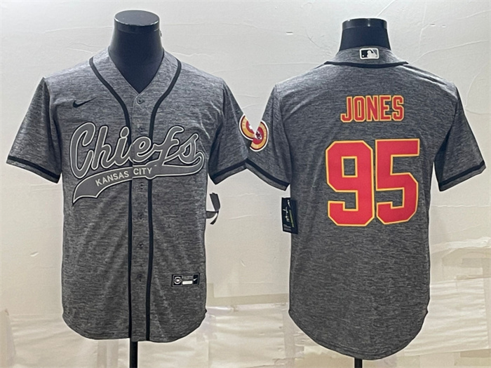 Personalized Men’s Kansas City Chiefs #95 Chris Jones Grey With Patch Cool Base Stitched Baseball Jersey