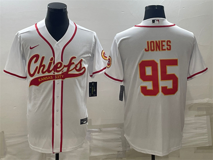 Personalized Men’s Kansas City Chiefs #95 Chris Jones White With Patch Cool Base Stitched Baseball Jersey