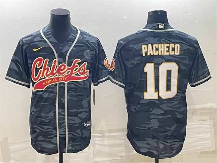 Personalized Men’s Kansas City Chiefs #10 Isiah Pacheco Grey Camo With Patch Cool Base Stitched Baseball Jersey