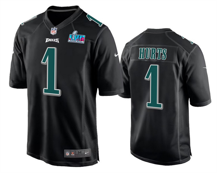 Personalized Men’s Philadelphia Eagles #1 Jalen Hurts Black Super Bowl LVII Patch Stitched Game Jersey
