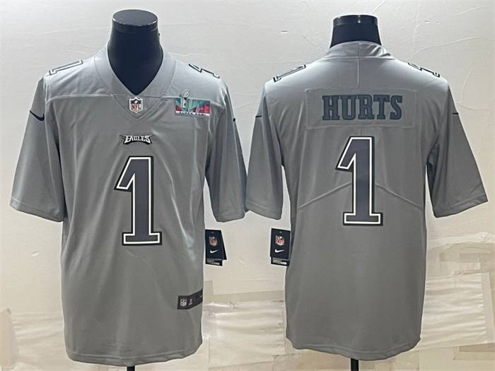 Personalized Men’s Philadelphia Eagles #1 Jalen Hurts Gray Super Bowl LVII Patch Atmosphere Fashion Stitched Jersey