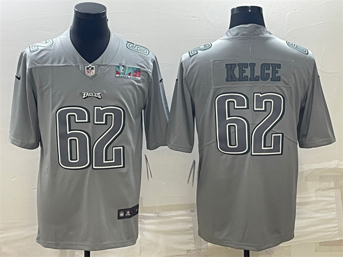 Personalized Men’s Philadelphia Eagles #62 Jason Kelce Gray Super Bowl LVII Patch Atmosphere Fashion Stitched Jersey
