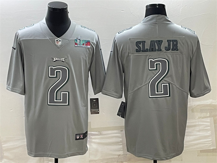 Personalized Men’s Philadelphia Eagles #2 Darius Slay JR Gray Super Bowl LVII Patch Atmosphere Fashion Stitched Jersey