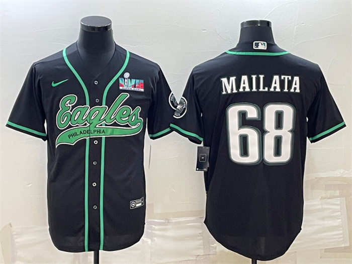 Personalized Men’s Philadelphia Eagles #68 Jordan Mailata Black With Super Bowl LVII Patch Cool Base Stitched Baseball Jersey
