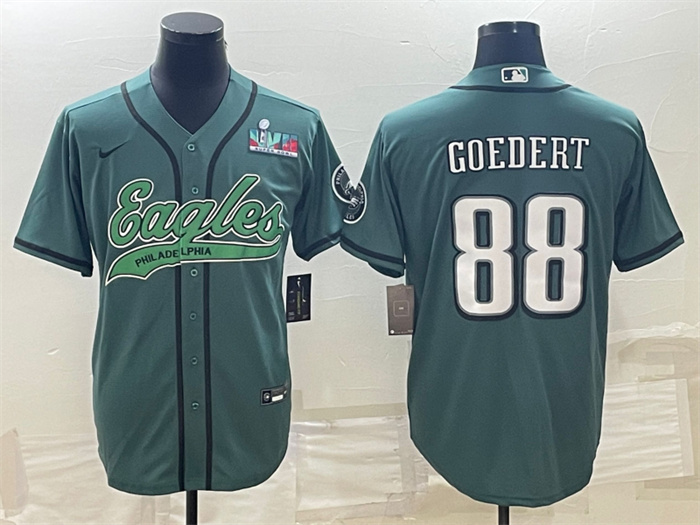 Personalized Men’s Philadelphia Eagles #88 Dallas Goedert Green With Super Bowl LVII Patch Cool Base Stitched Baseball Jersey