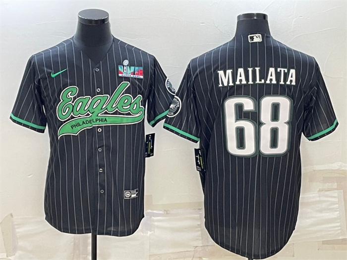 Personalized Men’s Philadelphia Eagles #68 Jordan Mailata Black With Super Bowl LVII Patch Cool Base Stitched Baseball Jerseys