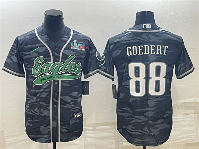Personalized Men’s Philadelphia Eagles #88 Dallas Goedert Grey Camo With Super Bowl LVII Patch Cool Base Stitched Baseball Jersey