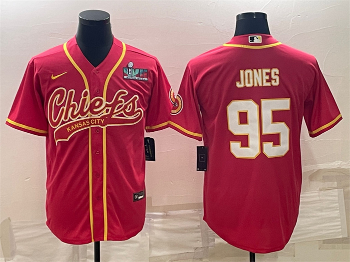 Personalized Men’s Kansas City Chiefs #95 Chris Jones Red With Super Bowl LVII Patch Cool Base Stitched Baseball Jersey