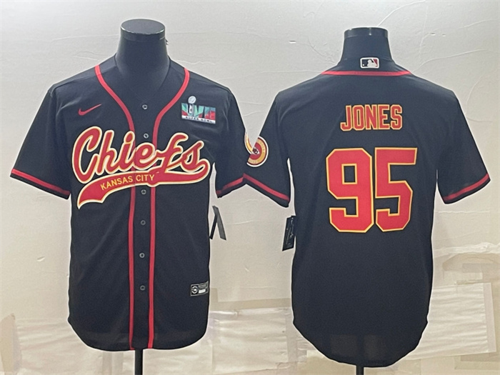 Personalized Men’s Kansas City Chiefs #95 Chris Jones Black With Super Bowl LVII Patch Cool Base Stitched Baseball Jersey