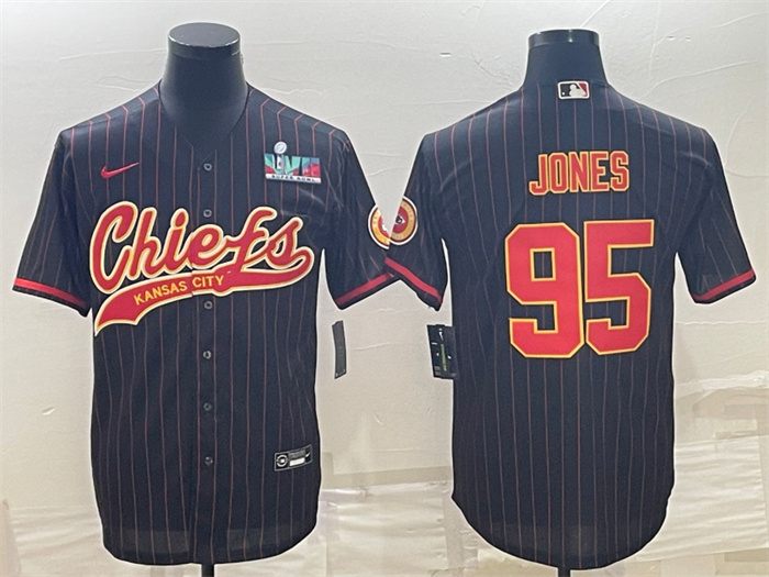 Personalized Men’s Kansas City Chiefs #95 Chris Jones Black With Super Bowl LVII Patch Cool Base Stitched Baseball Jerseys