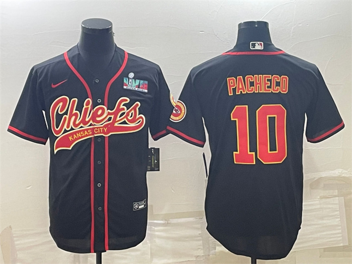Personalized Men’s Kansas City Chiefs #10 Isiah Pacheco Black With Super Bowl LVII Patch Cool Base Stitched Baseball Jerseys