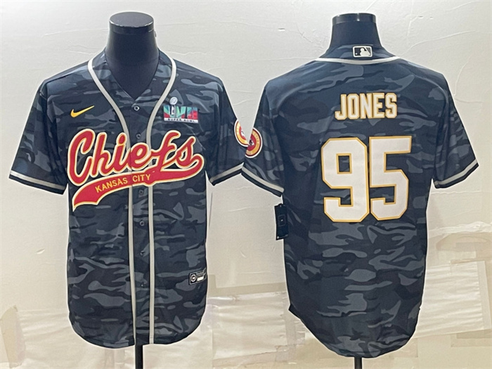 Personalized Men’s Kansas City Chiefs #95 Chris Jones Grey Camo With Super Bowl LVII Patch Cool Base Stitched Baseball Jersey