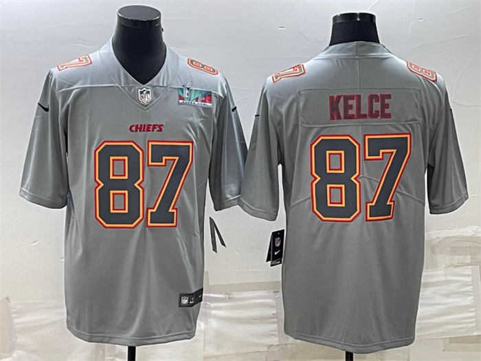 Personalized Men’s Kansas City Chiefs #87 Travis Kelce Gray Super Bowl LVII Patch Atmosphere Fashion Stitched Jersey