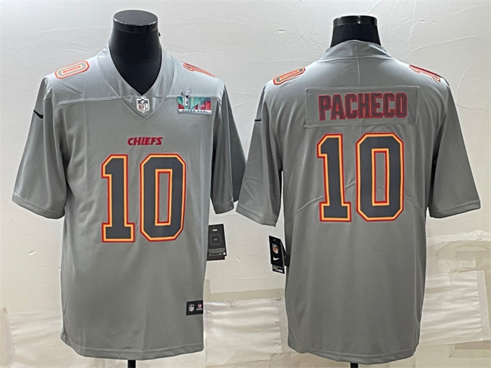 Personalized Men’s Kansas City Chiefs #10 Isiah Pacheco Gray Super Bowl LVII Patch Atmosphere Fashion Stitched Jersey