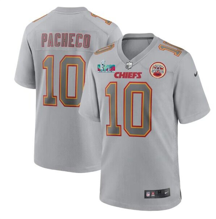 Personalized Men’s Kansas City Chiefs #10 Isiah Pacheco Grey With Left A Patch Right Super Bowl LVII Patch Atmosphere Fashion Stitched Game Jersey