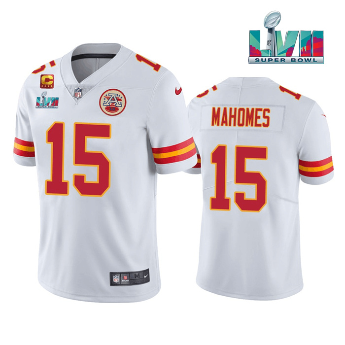 Personalized Men’s Kansas City Chiefs #15 Patrick Mahomes White Super Bowl LVII Patch And 4-Star C Patch Untouchable Limited Stitched Jersey