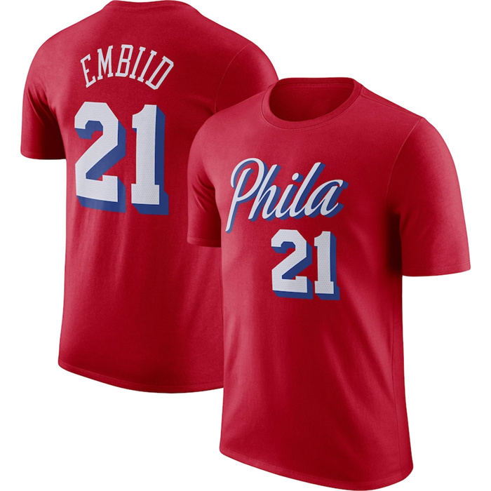 Personalized Men’s Philadelphia 76ers #21 Joel Embiid Red 2022 23 Statement Edition Name & Number T-Shirt
