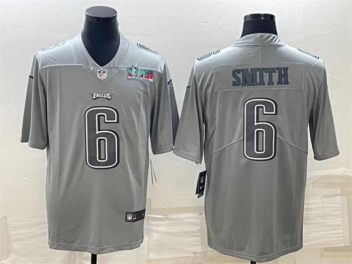 Personalized Men’s Philadelphia Eagles #6 DeVonta Smith Gray Super Bowl LVII Patch Atmosphere Fashion Stitched Jersey