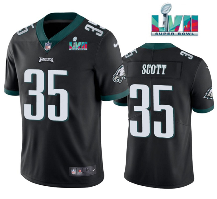 Personalized Men’s Philadelphia Eagles #35 Boston Scott Black Super Bowl LVII Patch Untouchable Limited Stitched