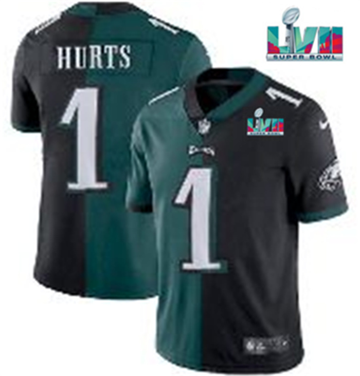 Personalized Men’s Philadelphia Eagles #1 Jalen Hurts Black & Green Split Super Bowl LVII Patch Limited Stitched Jersey
