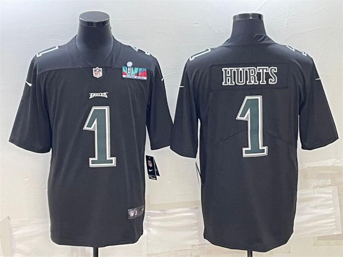 Personalized Men’s Philadelphia Eagles #1 Jalen Hurts Black Green Super Bowl LVII Patch Untouchable Limited Stitched Jersey