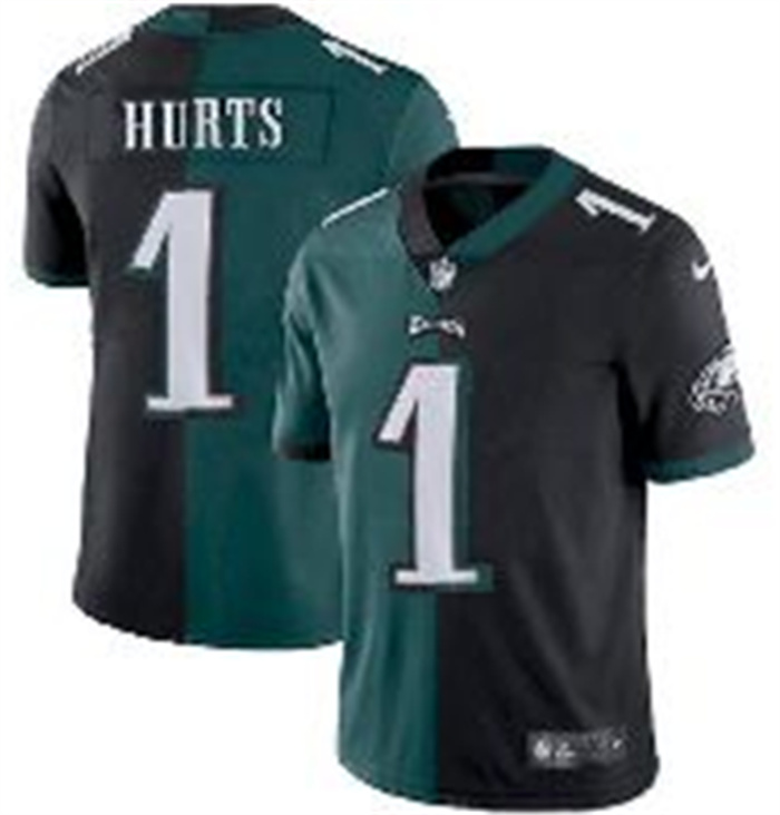Personalized Men’s Philadelphia Eagles #1 Jalen Hurts Black & Green Split Limited Stitched Jersey