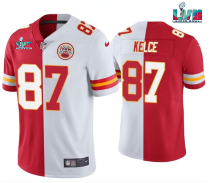Personalized Men’s Kansas City Chiefs #87 Travis Kelce Red & White Split Super Bowl LVII Patch Limited Stitched Jersey