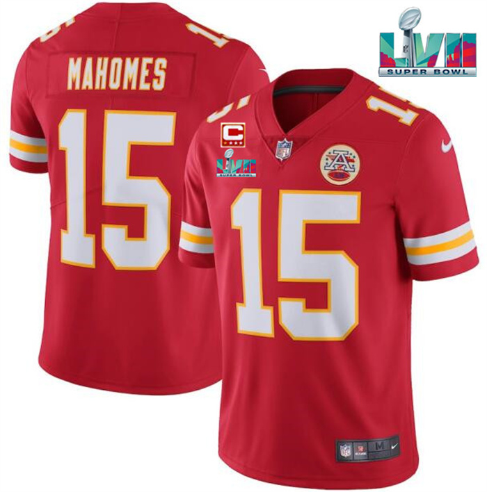 Personalized Men’s Kansas City Chiefs #15 Patrick Mahomes Red Super Bowl LVII Patch And 4-Star C Patch Untouchable Limited Stitched Jersey