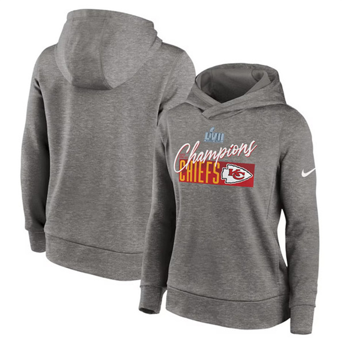 Personalized Women’s Kansas City Chiefs Gray Super Bowl LVII Champions Iconic Fleece Pullover Hoodie(Run Small)