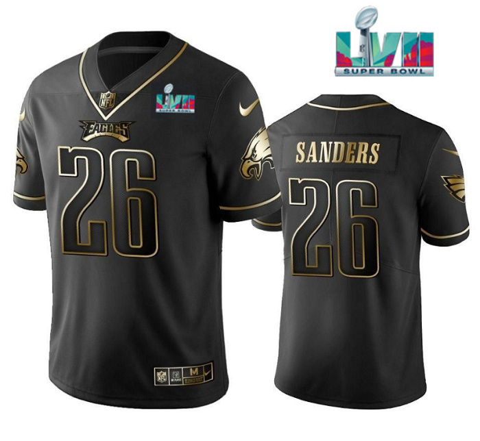 Personalized Men’s Philadelphia Eagles #26 Miles Sanders Black Golden Super Bowl LVII Patch Edition Stitched Football Jersey