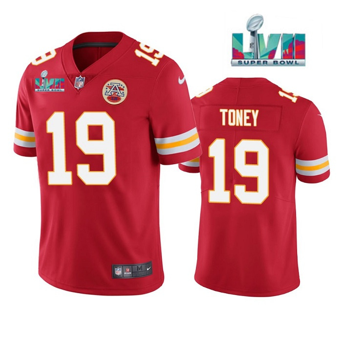 Personalized Men’s Kansas City Chiefs #19 Kadarius Toney Red Super Bowl LVII Patch Untouchable Limited Stitched Football Jersey