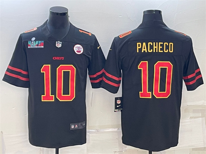 Personalized Men’s Kansas City Chiefs #10 Isiah Pacheco Black Red Gold Super Bowl LVII Patch Untouchable Limited Stitched Jersey
