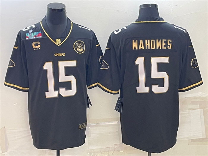 Personalized Men’s Kansas City Chiefs #15 Patrick Mahomes Black Gold Super Bowl LVII Patch And 4-Star C Patch Untouchable Limited Stitched Jersey