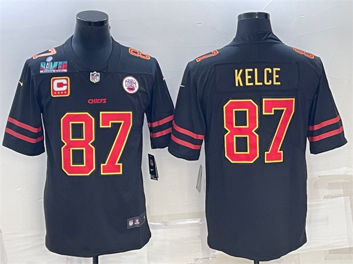 Personalized Men’s Kansas City Chiefs #87 Travis Kelce Black Red Gold Super Bowl LVII Patch And 4-Star C Patch Untouchable Limited Stitched Jersey